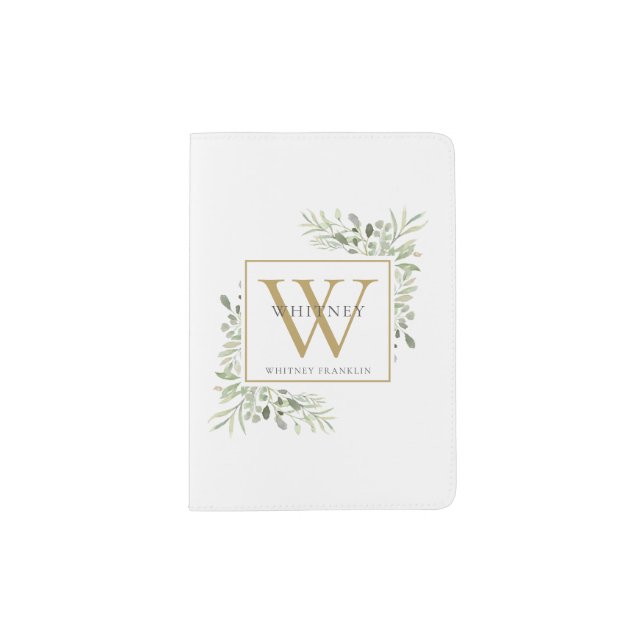 Elegant Watercolor Greenery Monogram Name  Passport Holder (Front)