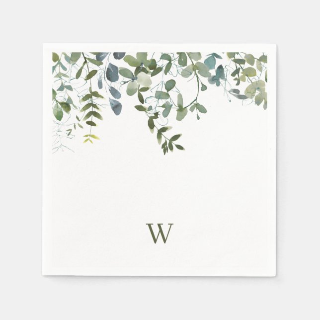 Elegant Watercolor Greenery Monogram Napkins (Front)