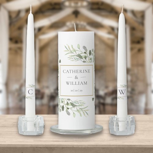 Elegant Watercolor Greenery Monogram Wedding Unity Candle Set
