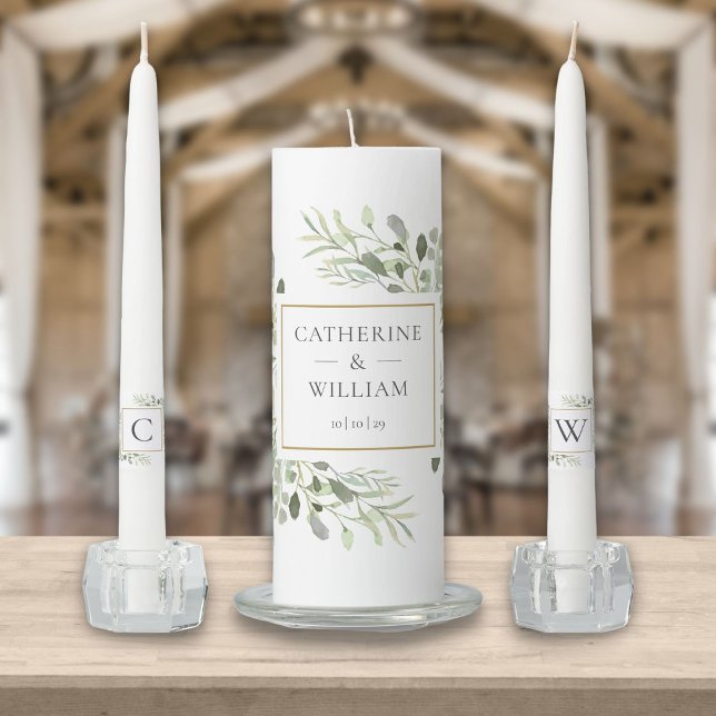 Elegant Watercolor Greenery Monogram Wedding Unity Candle Set (Creator Uploaded)