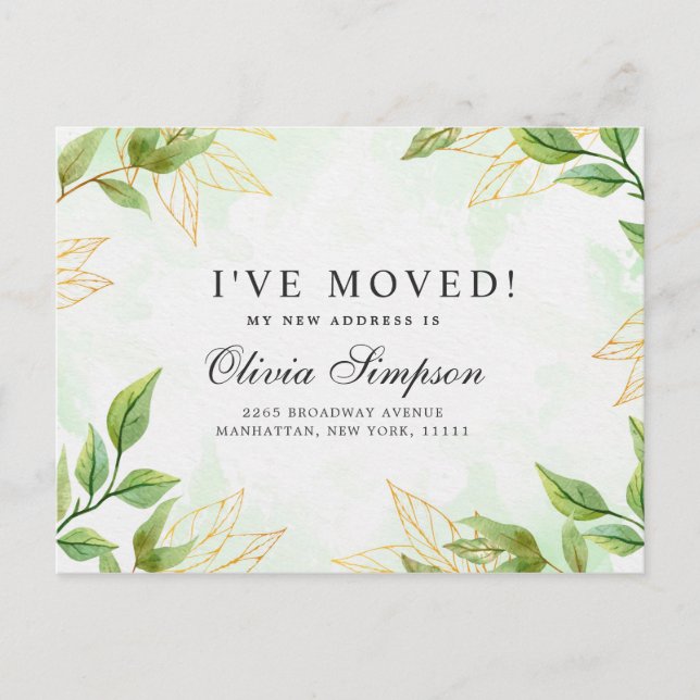 Elegant Watercolor Greenery Moving Announcement (Front)