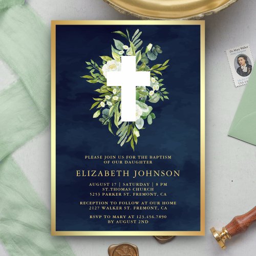 Elegant Watercolor Greenery Navy Blue Gold Baptism Invitation