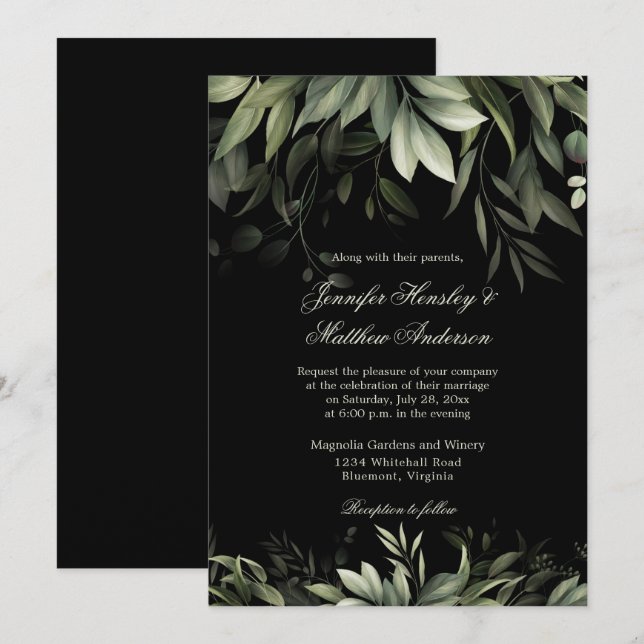 Elegant Watercolor Greenery on Black Background Invitation (Front/Back)