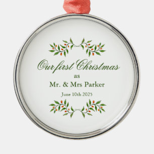Elegant Watercolor Greenery Our First Christmas Metal Ornament