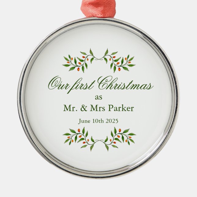 Elegant Watercolor Greenery Our First Christmas  Metal Ornament (Front)