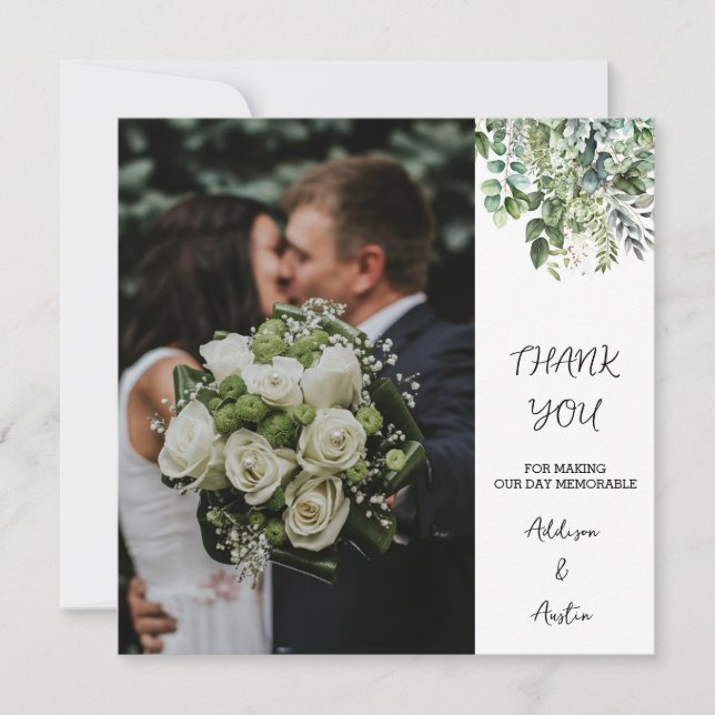 Elegant Watercolor Greenery Photo Flat Wedding  Thank You Card (Front)