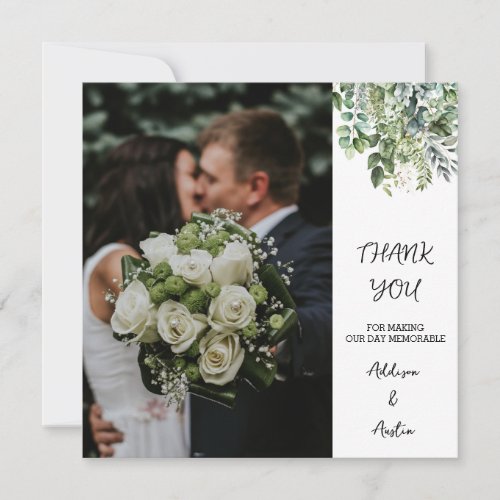 Elegant Watercolor Greenery Photo Flat Wedding  Thank You Card