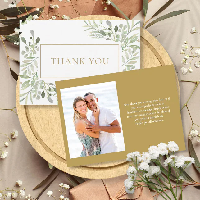 Elegant Watercolor Greenery Photo Gold Thank You Card | Zazzle