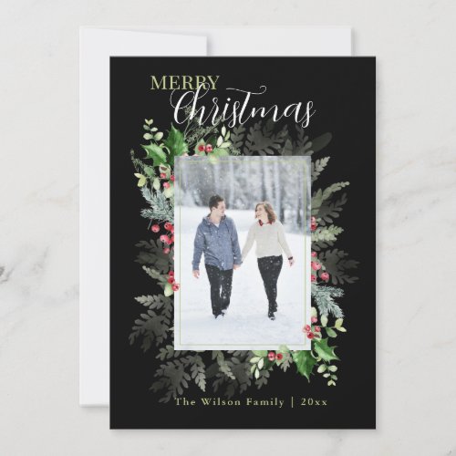 Elegant Watercolor Greenery Photo Merry Christmas Holiday Card