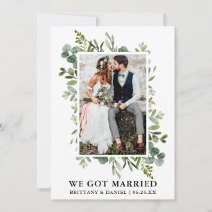 Elegant Watercolor Greenery Photo We Got Married Announcement