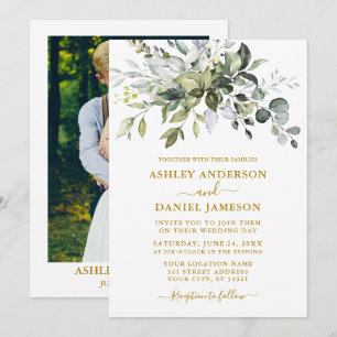 Elegant Watercolor Greenery Photo Wedding Gold Invitation