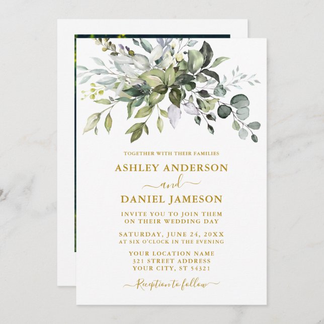 Elegant Watercolor Greenery Photo Wedding Gold Invitation (Front/Back)