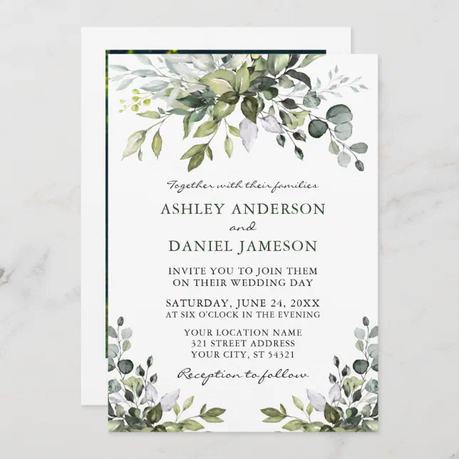 Elegant Watercolor Greenery Photo Wedding Invitation | Zazzle