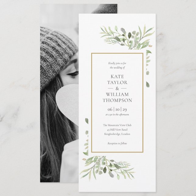 Elegant Watercolor Greenery Photo Wedding Invitation (Front/Back)