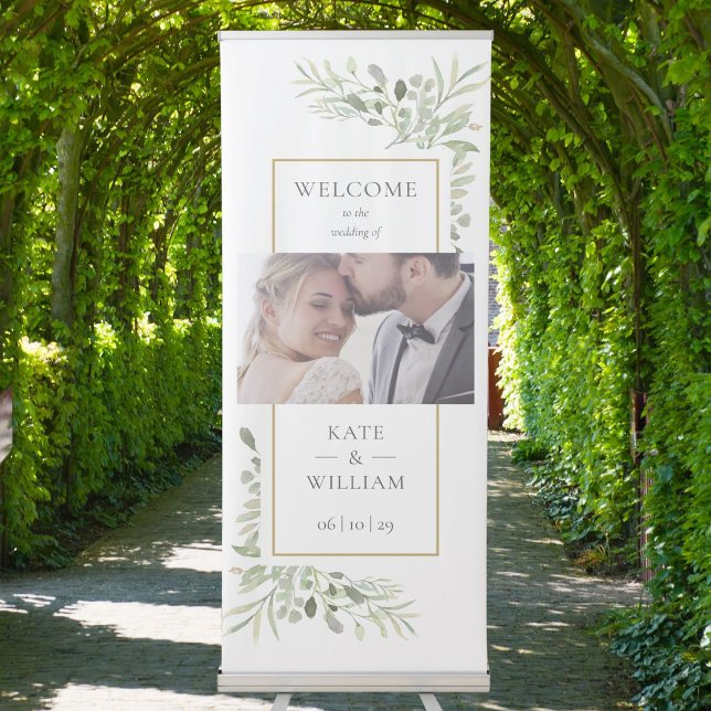 Elegant Watercolor Greenery Photo Wedding Welcome  Retractable Banner (Elegant Watercolor Greenery Photo Wedding Welcome Retractable Banner)