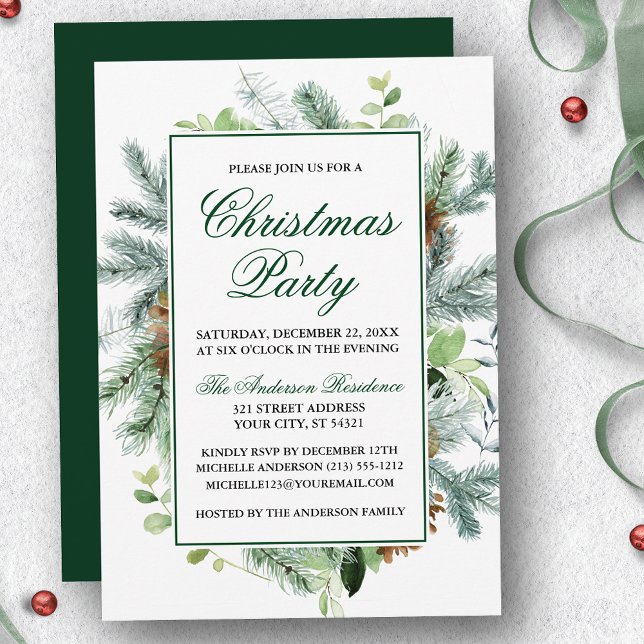 Elegant Watercolor Greenery Pine Christmas Party Invitation (Customize to change text color, size, style or to change color of back of card.)