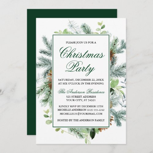 Elegant Watercolor Greenery Pine Christmas Party Invitation