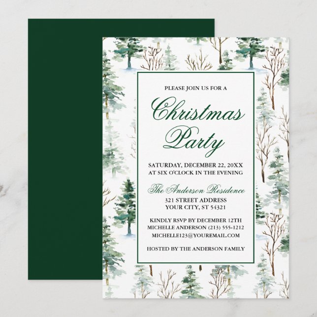 Elegant Watercolor Greenery Pines Christmas Party Invitation (Front/Back)