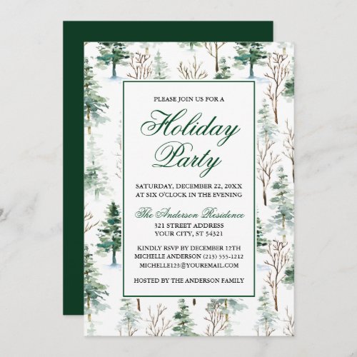 Elegant Watercolor Greenery Pines Holiday Party Invitation