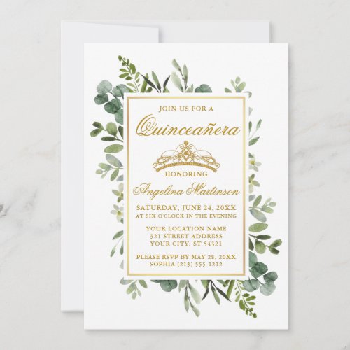 Elegant Watercolor Greenery Quinceanera Gold Invitation