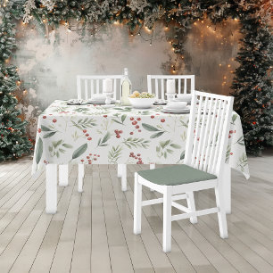 Elegant Watercolor Greenery & Red Berry Botanical Tablecloth