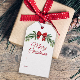Elegant Watercolor Greenery Red Bow Christmas Gift Tags