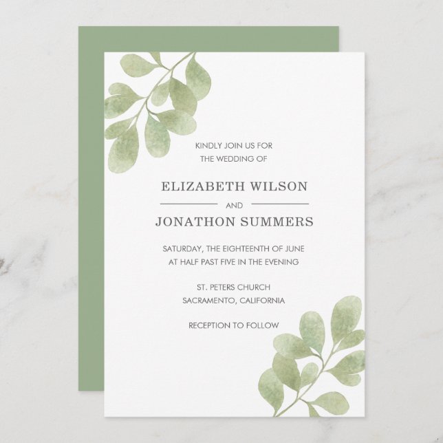 Elegant Watercolor Greenery Rustic Wedding Invitation (Front/Back)