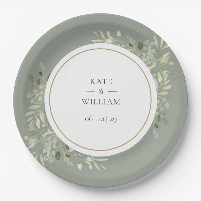 Elegant Watercolor Greenery Sage Green Wedding Paper Plate