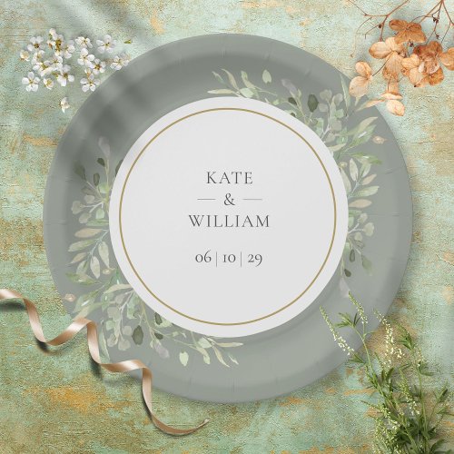 Elegant Watercolor Greenery Sage Green Wedding Paper Plates