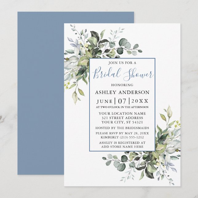 Elegant Watercolor Greenery Shower Dusty Blue Invitation (Front/Back)