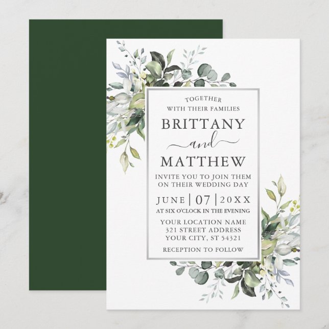 Elegant Watercolor Greenery Silver Frame Wedding Invitation (Front/Back)