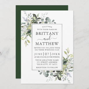 Elegant Watercolor Greenery Silver Frame Wedding Invitation