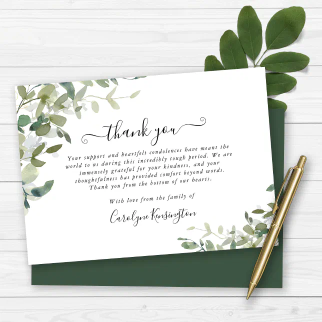 Elegant Watercolor Greenery Sympathy Thank You | Zazzle