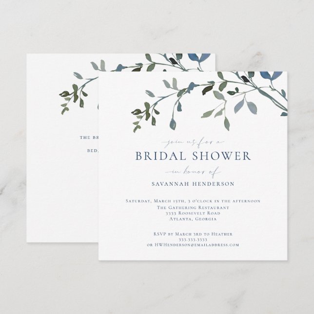 Elegant Watercolor Greenery Vines Bridal Shower Invitation (Front/Back)