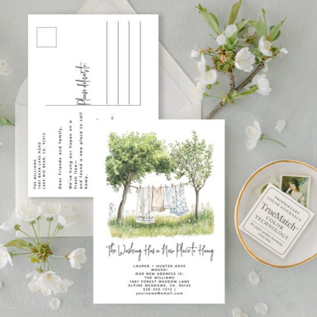 Elegant Watercolor Greenery Washing Line Moving Announcement Postcard (Creator Uploaded)