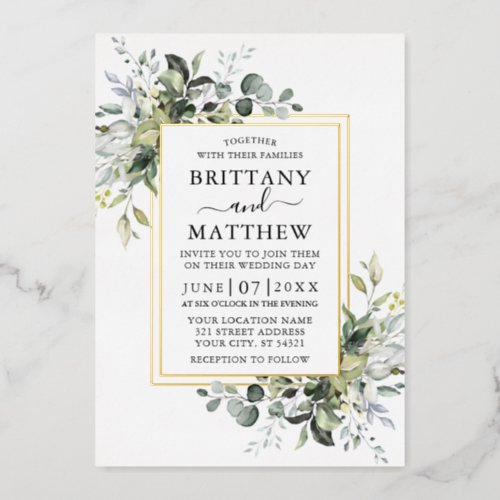 Elegant Watercolor Greenery Wedding 2 Frame Gold Foil Invitation