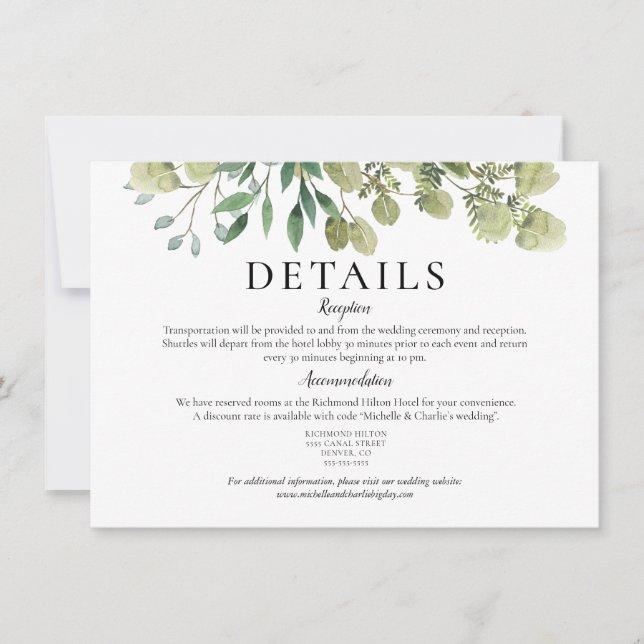 Elegant Watercolor Greenery Wedding Details Invitation (Front)