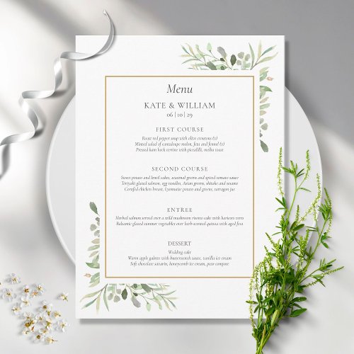 Elegant Watercolor Greenery Wedding Dinner Menu