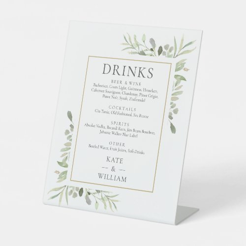 Elegant Watercolor Greenery Wedding Drinks Menu Pedestal Sign