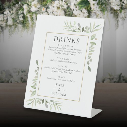 Elegant Watercolor Greenery Wedding Drinks Menu Pedestal Sign