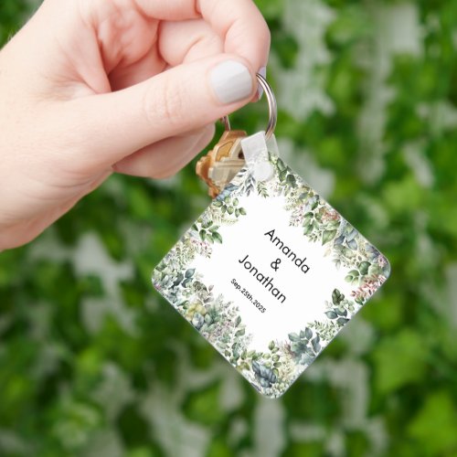 Elegant Watercolor Greenery Wedding Favor Keychain