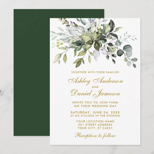 Elegant Watercolor Greenery Wedding Gold Invitation (Front/Back)