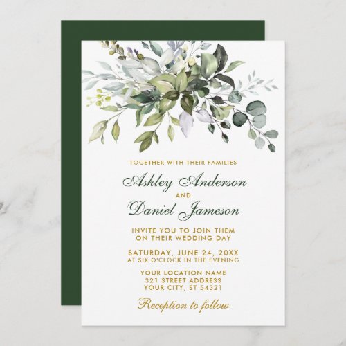 Elegant Watercolor Greenery Wedding Green Gold Invitation