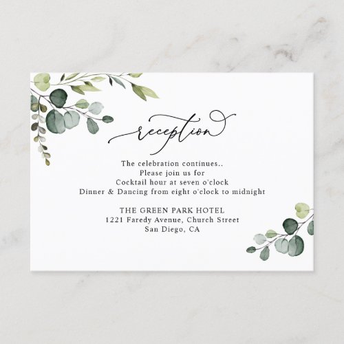 Elegant Watercolor Greenery Wedding Reception Enclosure Card