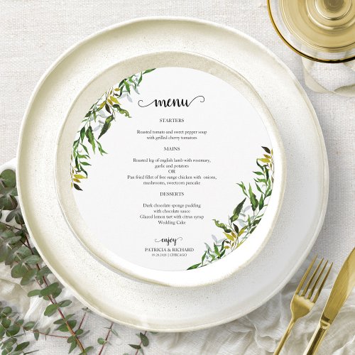 Elegant Watercolor Greenery Wedding Round Menu