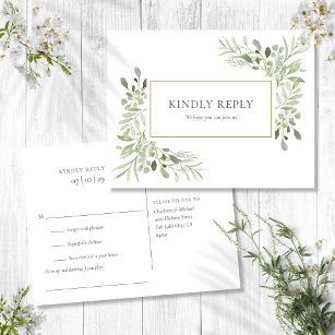 Elegant Watercolor Greenery Wedding RSVP Invitation Postcard