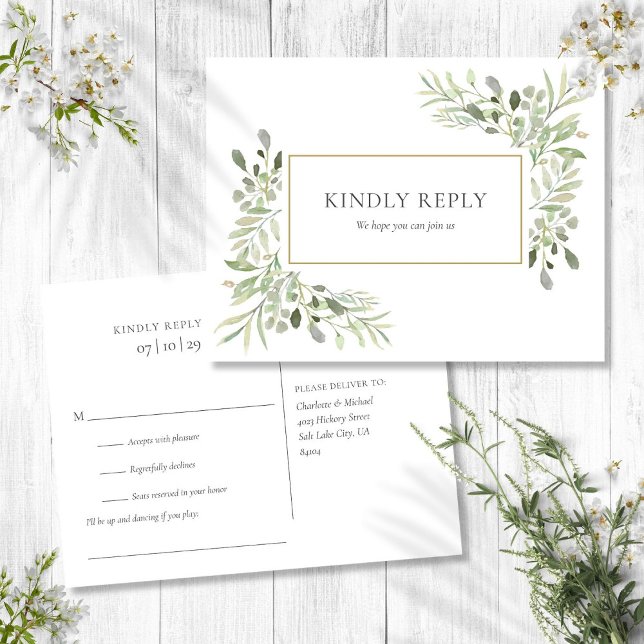 Elegant Watercolor Greenery Wedding RSVP Invitation Postcard (Elegant Watercolor Greenery Wedding RSVP Invitation Postcard)