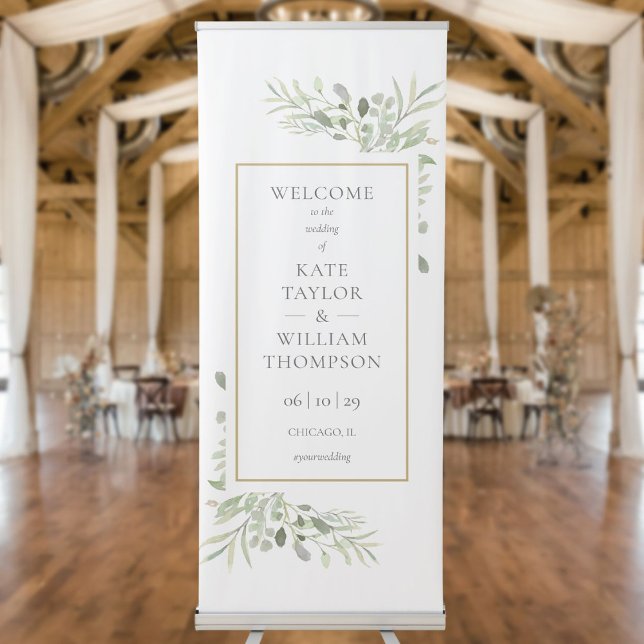 Elegant Watercolor Greenery Wedding Welcome Retractable Banner (Elegant Watercolor Greenery Wedding Welcome Retractable Banner)