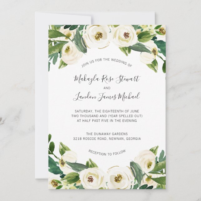 Elegant Watercolor Greenery White Floral Wedding Invitation (Front)