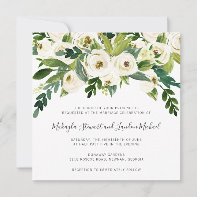 Elegant Watercolor Greenery White Floral Wedding Invitation (Front)
